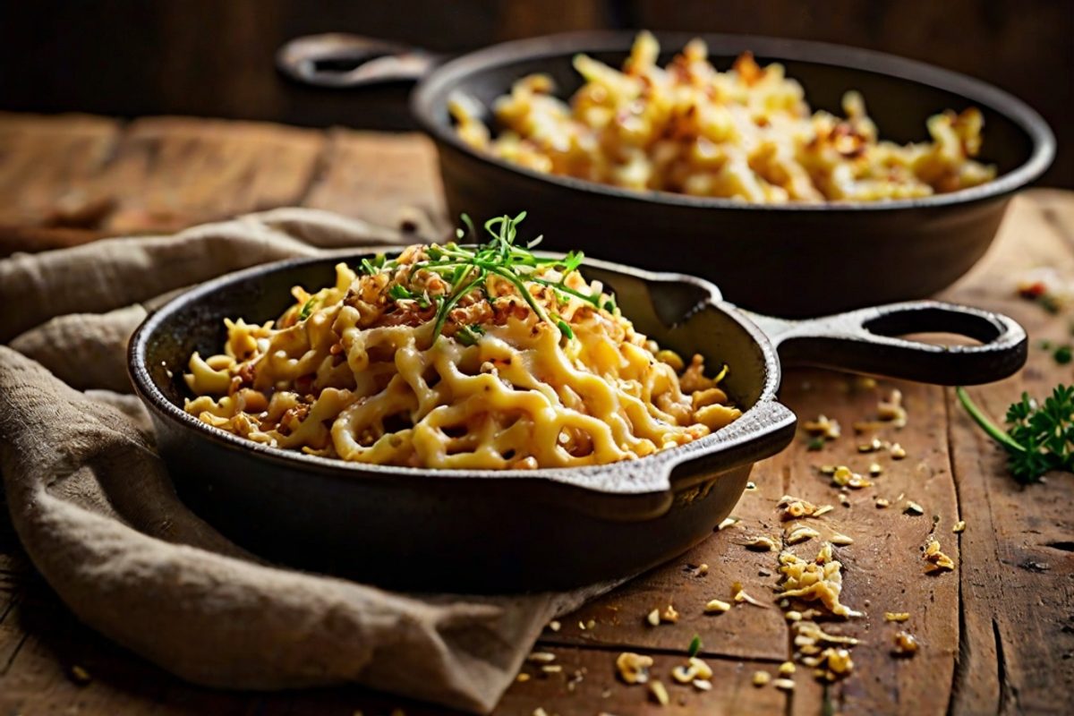 Goldgelbe Allgäuer Käsespätzle mit geschmolzenem Bergkäse und knusprigen Röstzwiebeln in einer Pfanne