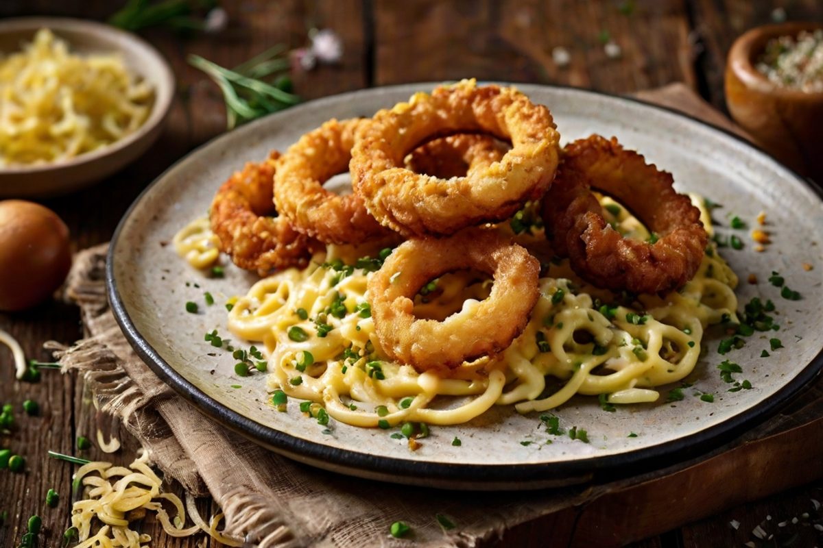 Goldbraune Käsespätzle mit fädenziehendem Käse und knusprigen Röstzwiebeln in einer gusseisernen Pfanne