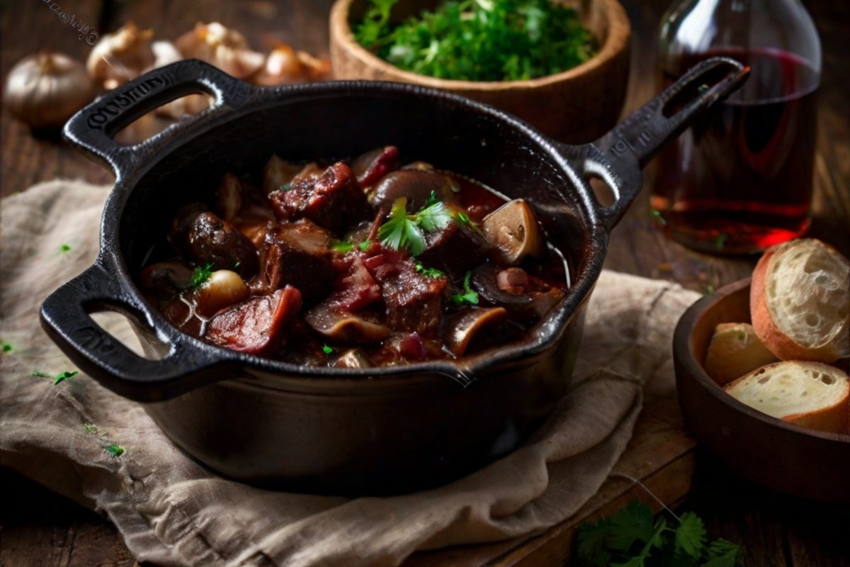 Bœuf Bourguignon im gusseisernen Topf mit zartem Rindfleisch, Champignons, Perlzwiebeln und dunkler Rotweinsoße, garniert mit Petersilie