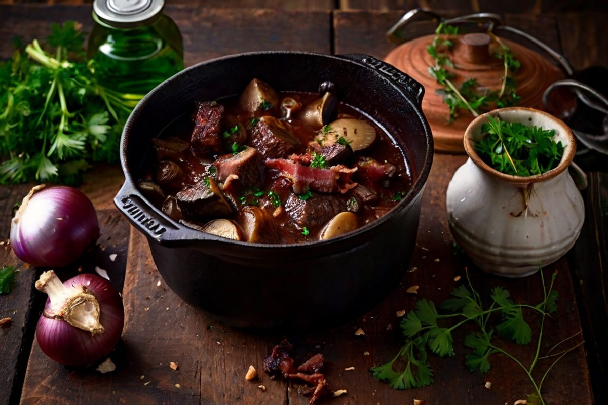 Dampfender Bœuf Bourguignon im gusseisernen Topf mit zartem Rindfleisch, Champignons, Perlzwiebeln und dunkler Rotweinsoße