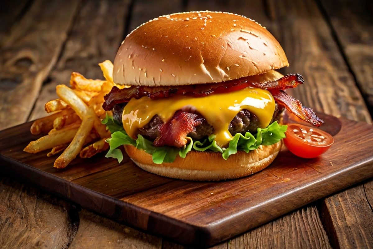 Saftiger Bacon Cheeseburger mit geschmolzenem Cheddar, knusprigem Bacon und Röstzwiebeln im Brioche-Bun
