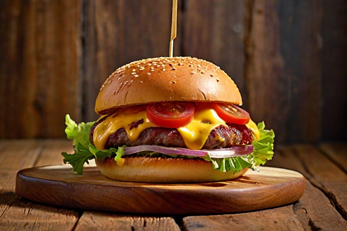 Saftiger Bacon Cheeseburger mit geschmolzenem Cheddar, knusprigem Bacon und Burgersoße im goldenen Brioche-Bun