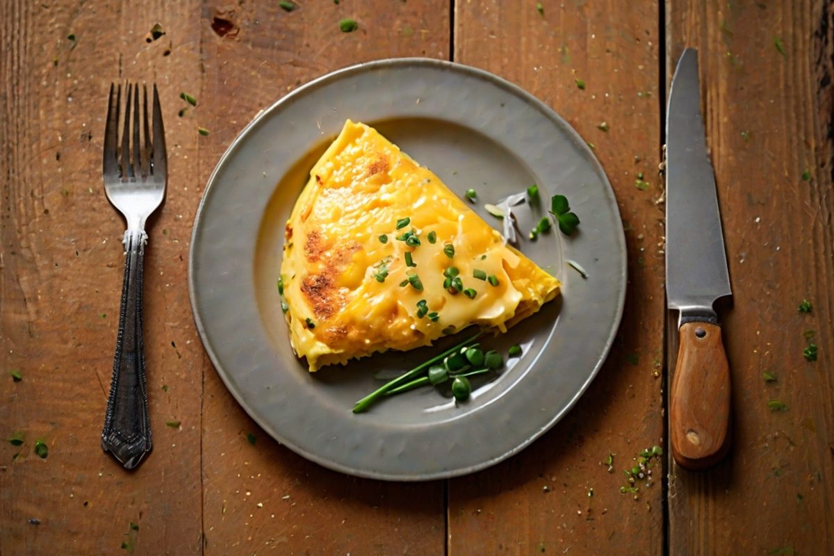 Goldgelbes, zusammengeklapptes Käse-Omelett mit schmelzendem Bergkäse und frischem Schnittlauch auf einem hellen Teller