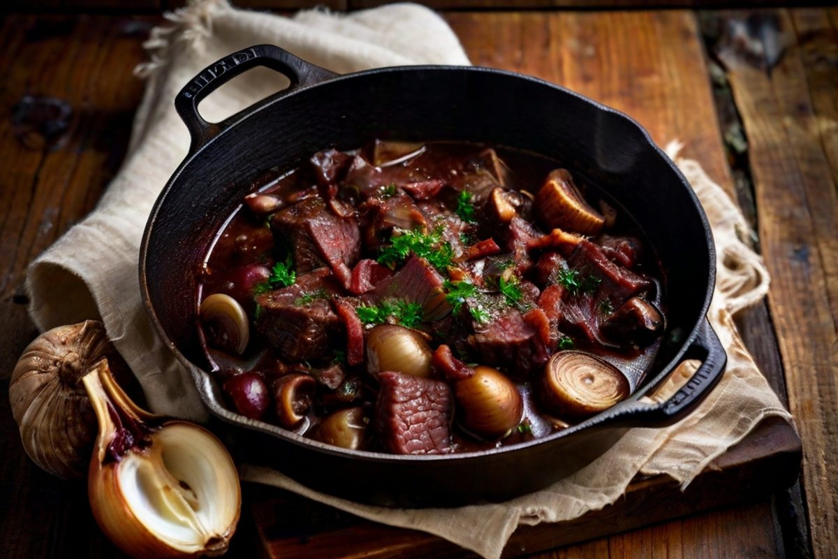Böf Bourguignon in gusseisernem Topf mit zartem Rindfleisch, Champignons, Perlzwiebeln und dunkler Rotweinsoße
