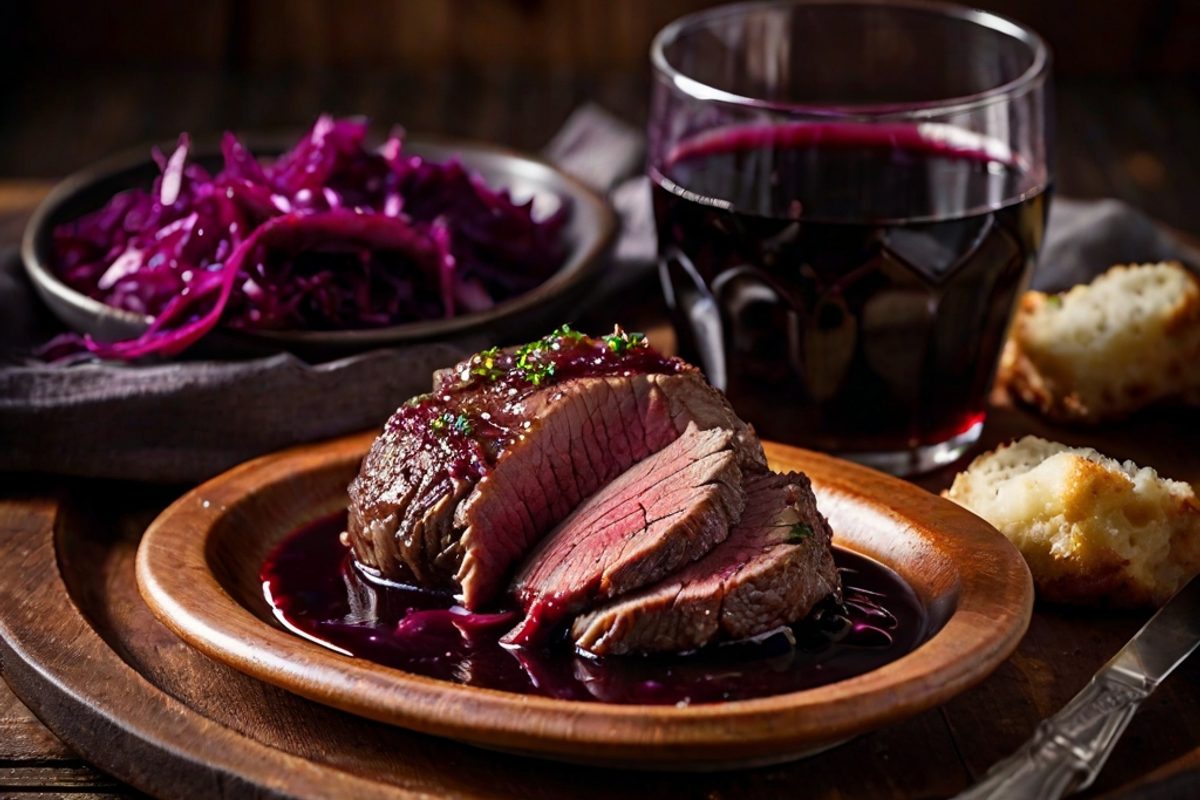 Aufgeschnittener bayerischer Böfflamott-Rinderbraten in dunkler Rotweinsoße mit Semmelknödeln