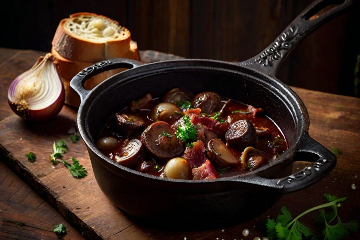 Dampfender Topf Boeuf Bourguignon mit zarten Rindfleischstücken, Perlzwiebeln, Champignons und Speck in dunkler Rotweinsoße