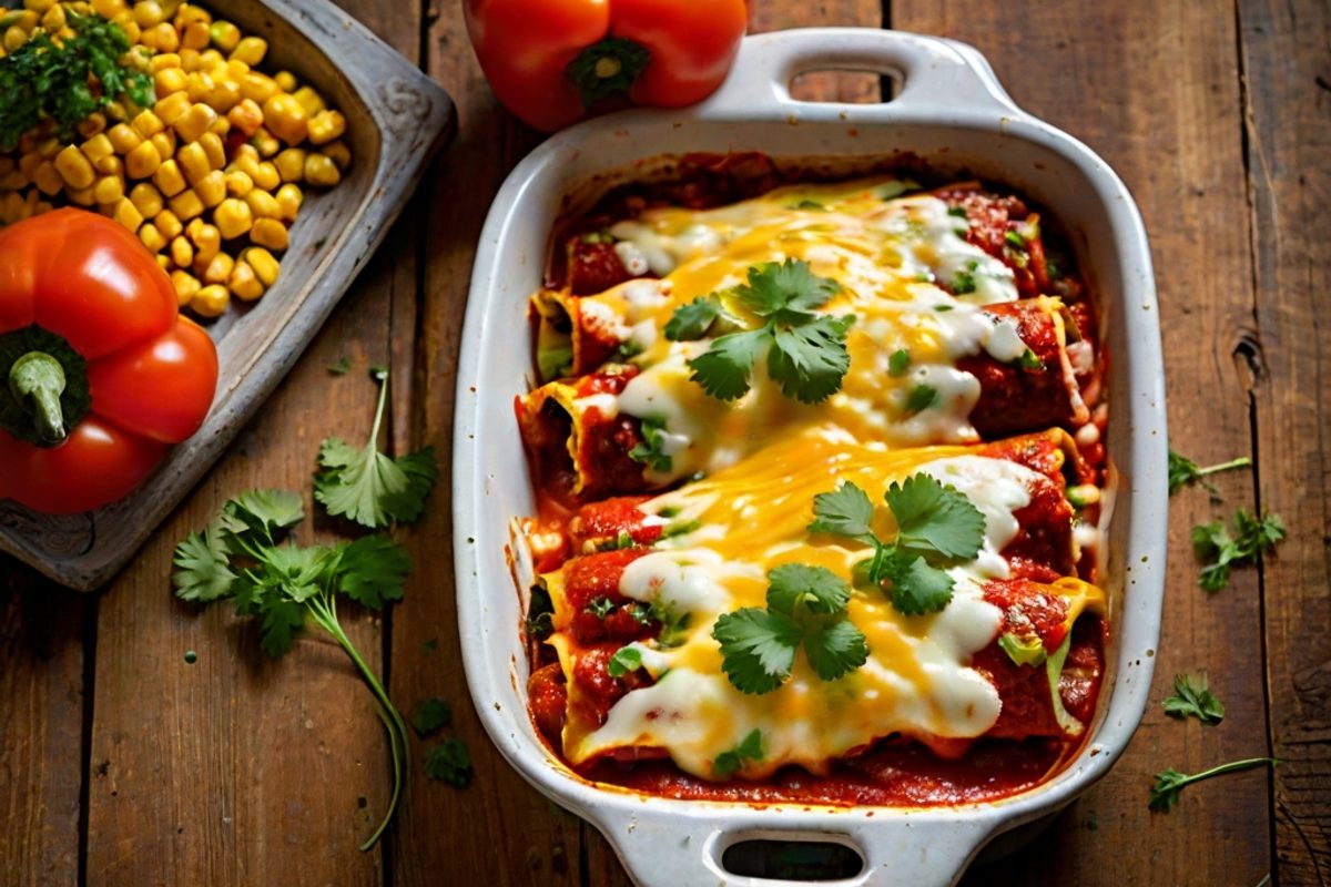 Vegetarische Gemüse-Käse-Enchiladas in einer Auflaufform, goldbraun überbacken mit geschmolzenem Käse und frischem Koriander