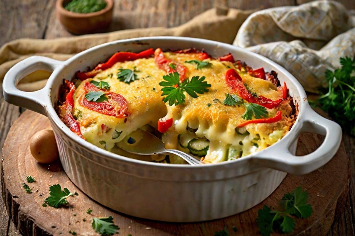 Goldbraun überbackenes Gemüse-Käse-Gratin mit Kartoffel-, Zucchini- und Paprikaschichten in einer Auflaufform
