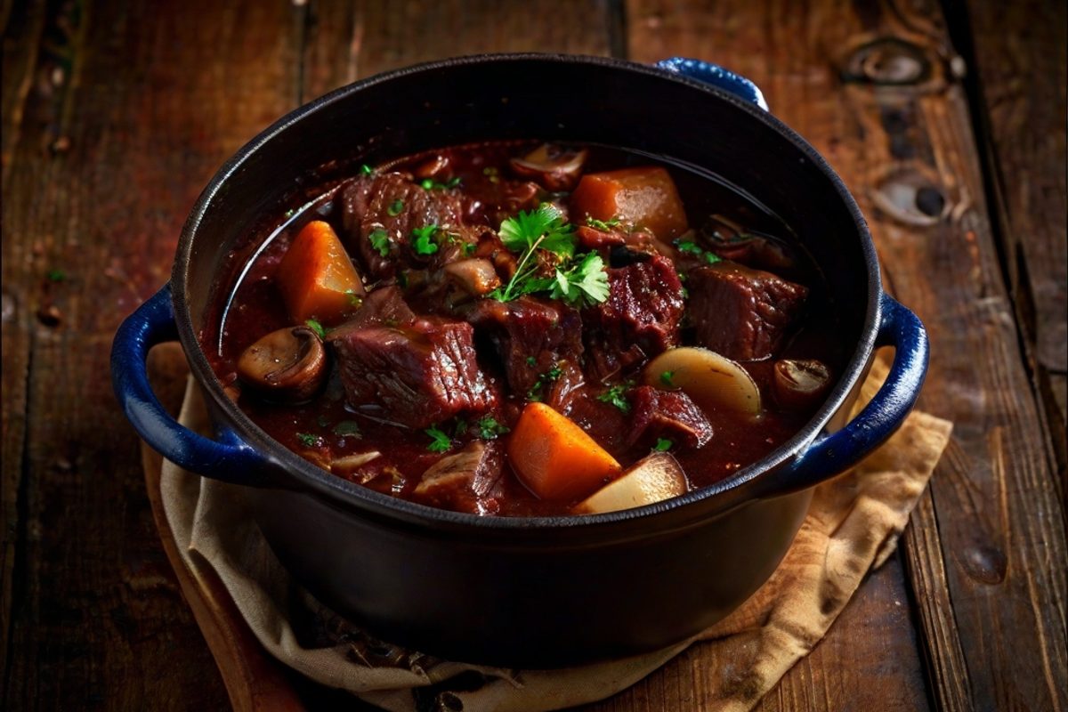 Dampfendes Burgunder Rindergulasch mit Champignons, Speck und dunkler Rotweinsoße in einem gusseisernen Topf