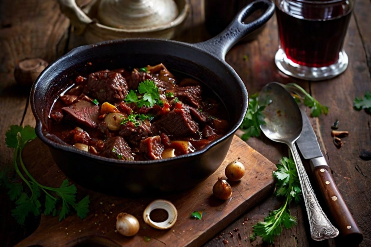 Burgunder Rinderragout mit zartem Rindfleisch, Champignons und Perlzwiebeln in dunkler Rotweinsoße in einem gusseisernen Topf