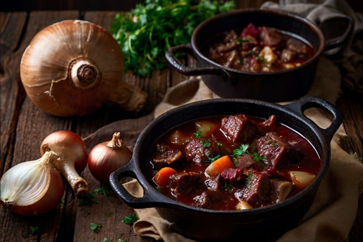 Dampfendes Burgunder Rinderragout mit glänzender Rotweinsoße, Champignons und Perlzwiebeln in einem gusseisernen Topf