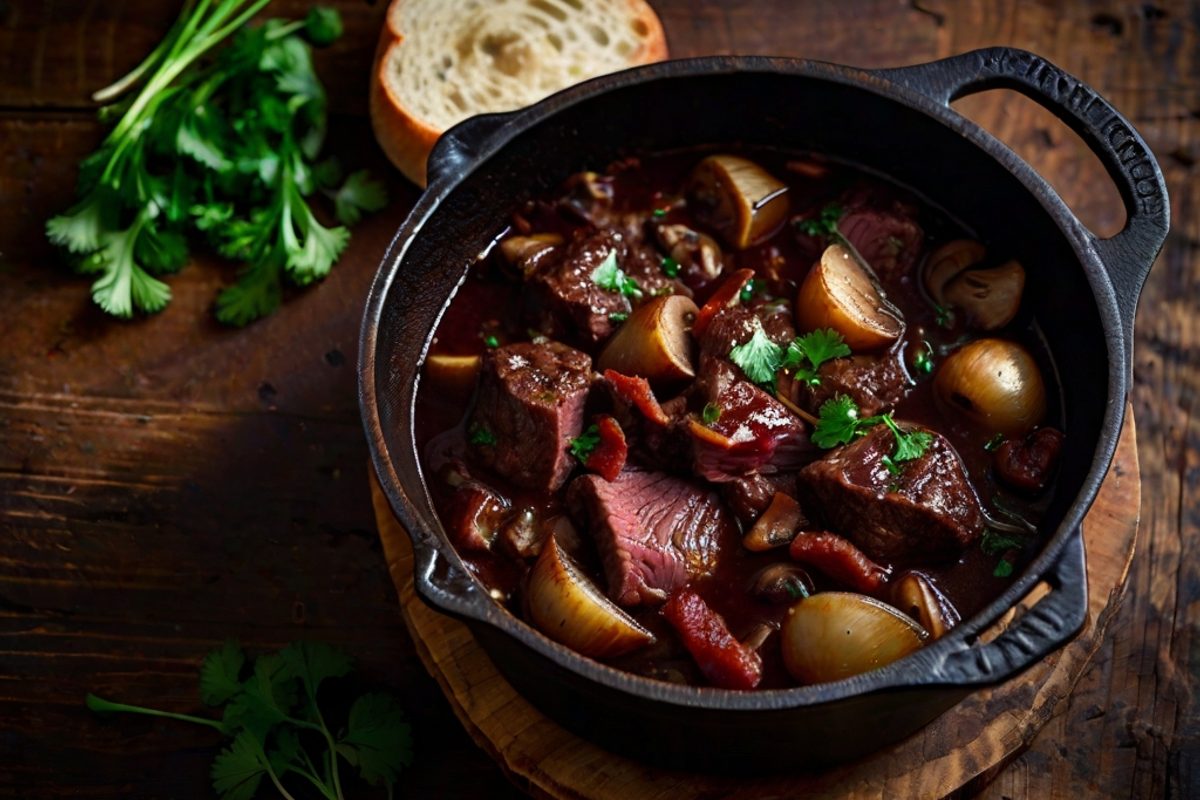 Dampfendes Burgunder Rinderragout mit dunkler Rotweinsoße, Champignons, Perlzwiebeln und Speck in einem gusseisernen Topf