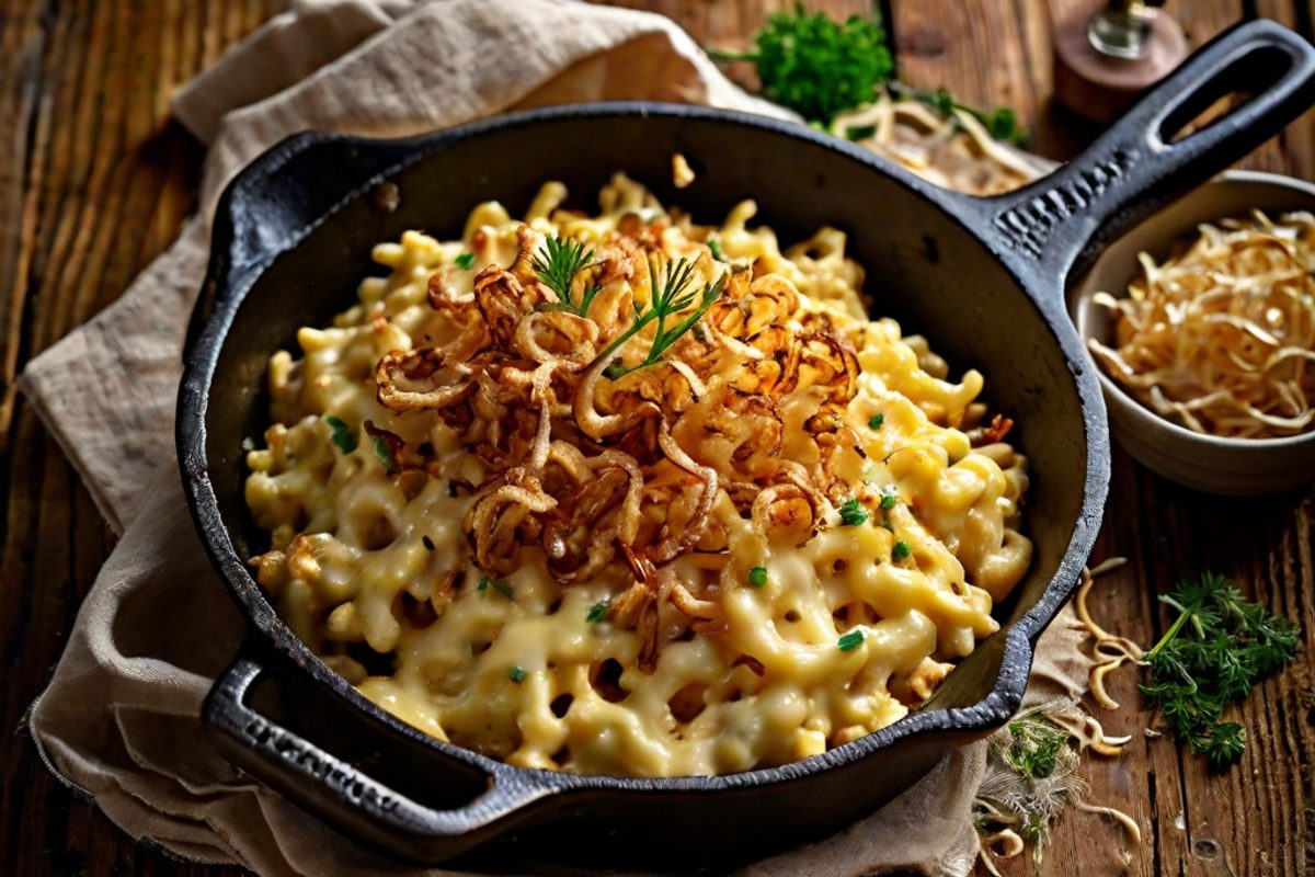 Cremige Allgäuer Käsespätzle mit goldenen Röstzwiebeln in einer gusseisernen Pfanne