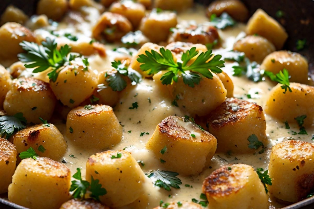 Goldbraun gebratene Gnocchi in cremiger Gorgonzola-Käsesoße in einer Pfanne, bestreut mit Parmesan und Petersilie