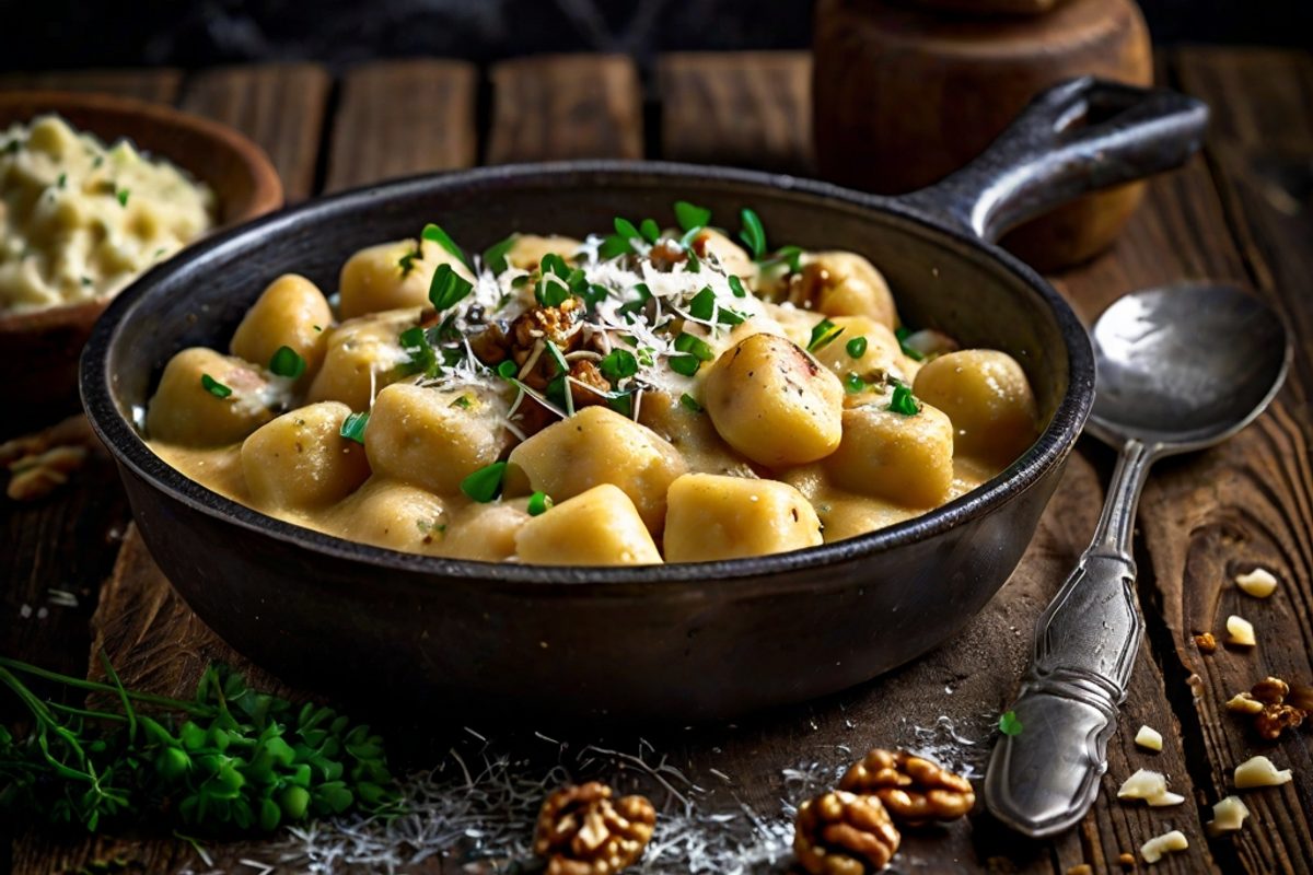 Cremige Käse-Gnocchi-Pfanne mit Gorgonzola-Sahnesoße, Parmesan und Schnittlauch in einer schwarzen Pfanne