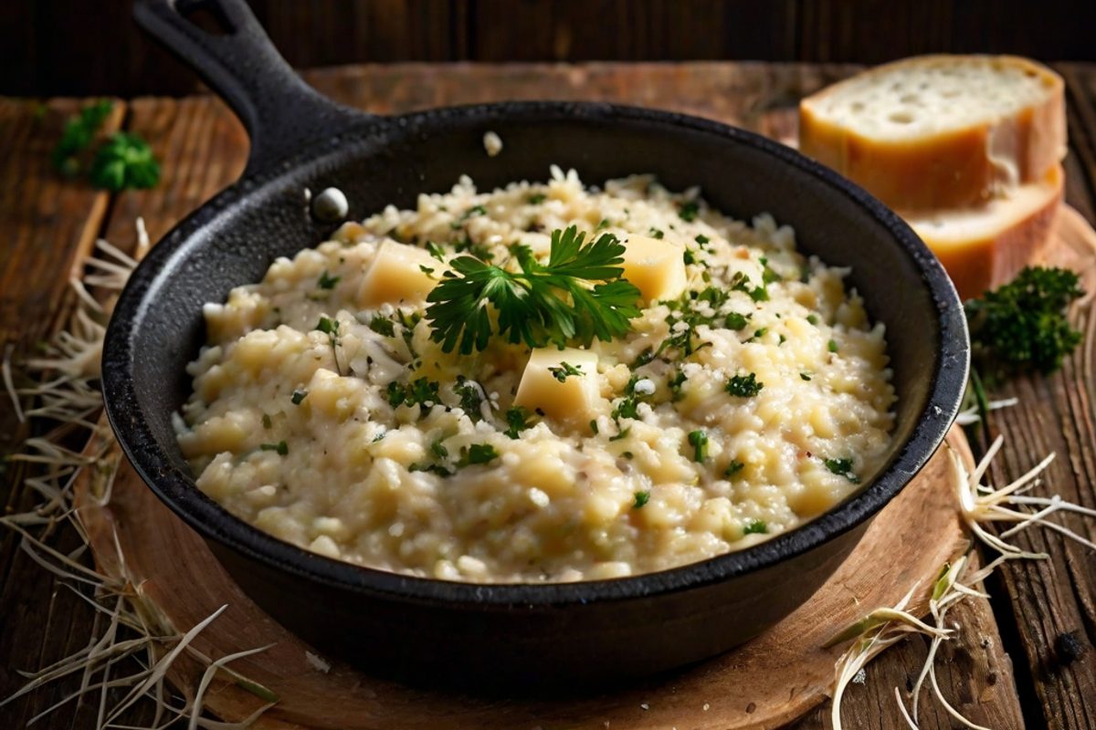 Cremiges Käse-Risotto mit geriebenem Parmesan in einer Pfanne, garniert mit frischem schwarzem Pfeffer