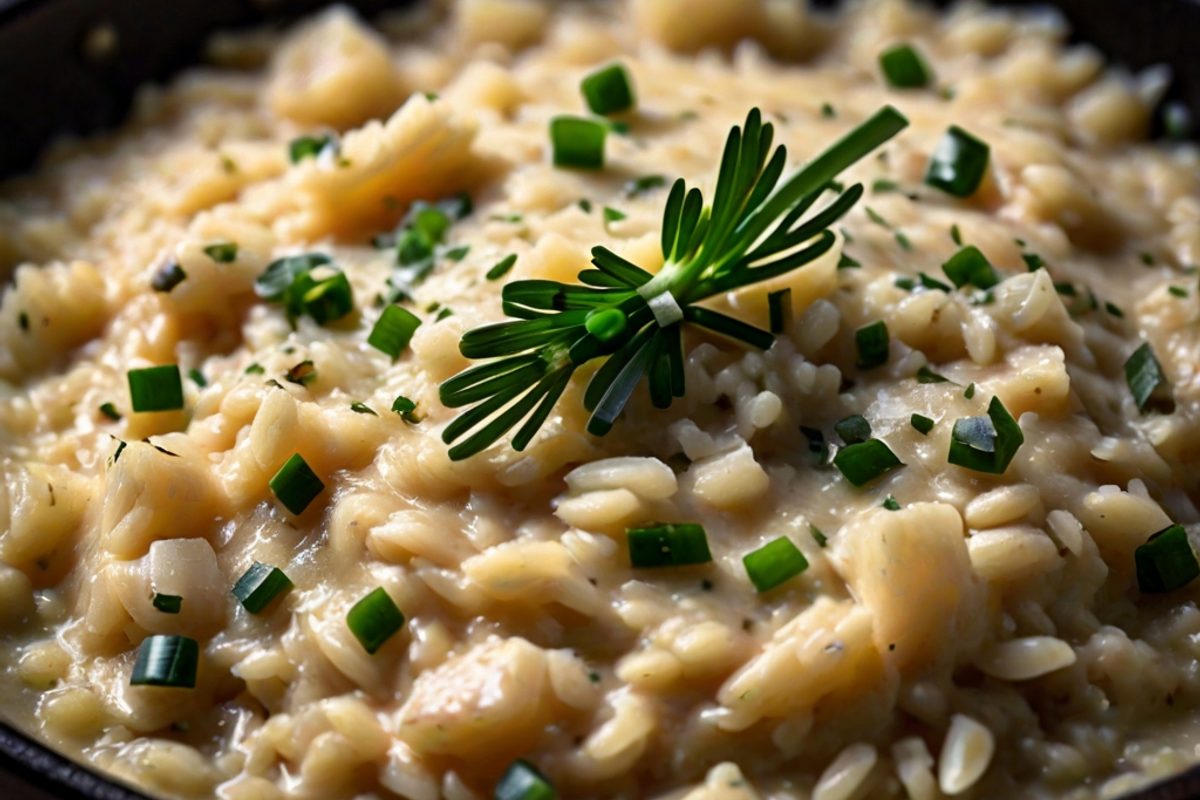 Cremige Käse-Risotto-Pfanne mit geriebenem Parmesan und frischem Schnittlauch in einer Pfanne