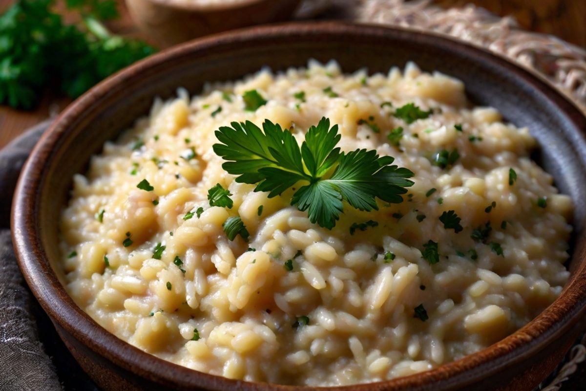 Cremiges Käse-Risotto mit geriebenem Parmesan und frischem Pfeffer in einer tiefen Pfanne