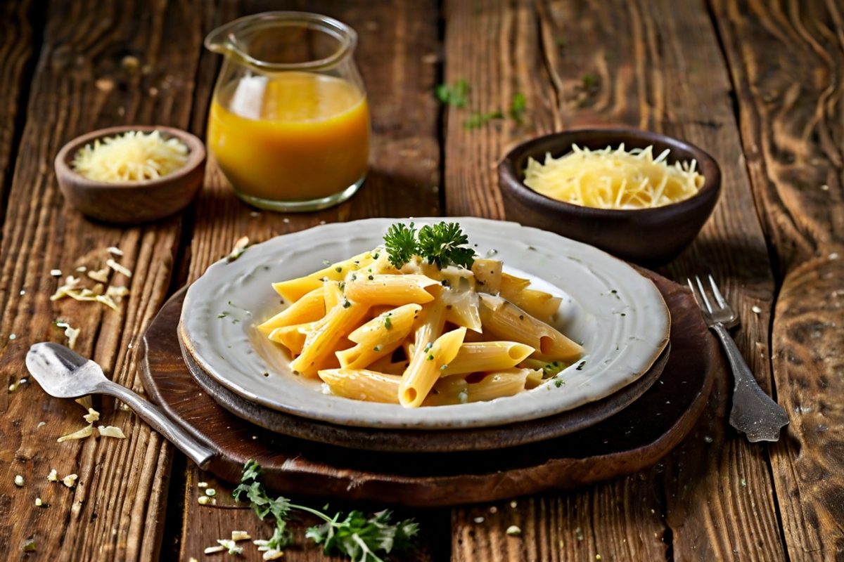 Teller cremige Käse-Sahne-Pasta mit goldener Käsesoße, frischem Pfeffer und Petersilie