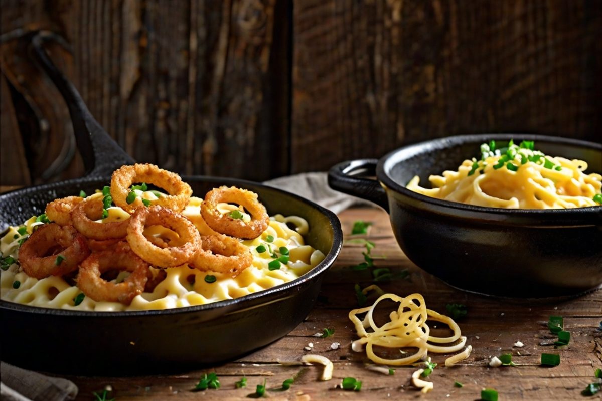 Cremige Käse-Spätzle mit fadenziehendem Bergkäse und goldbraunen Röstzwiebeln in einer gusseisernen Pfanne
