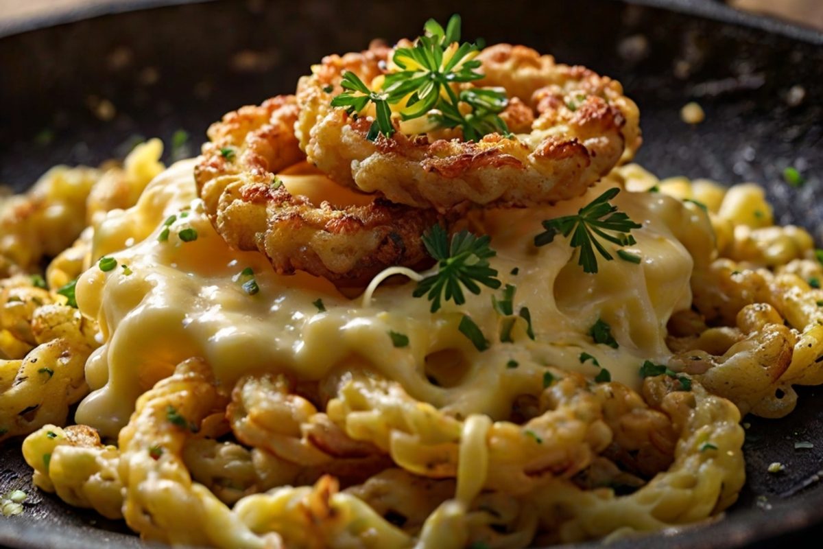Cremige Käse-Spätzle mit geschmolzenem Bergkäse und knusprigen Röstzwiebeln in einer Pfanne
