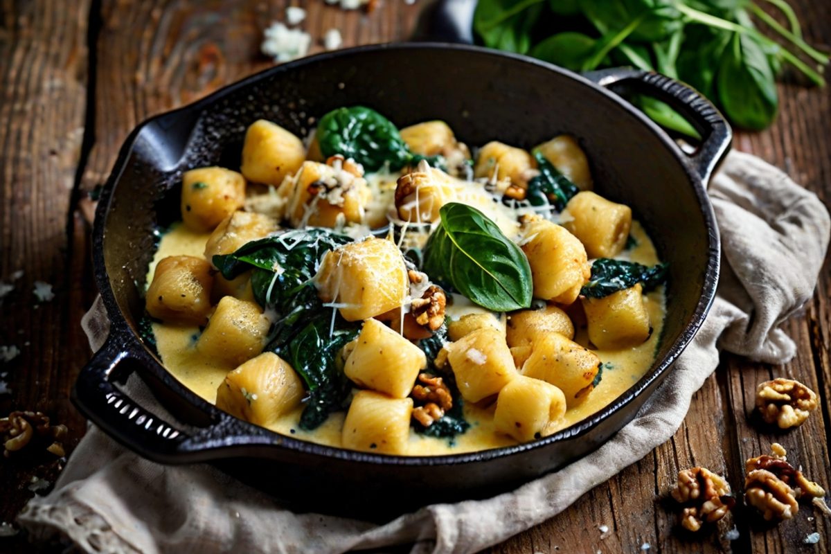 Cremige Käse-Spinat-Gnocchi-Pfanne mit geschmolzenem Gorgonzola und Parmesan in einer schwarzen Pfanne