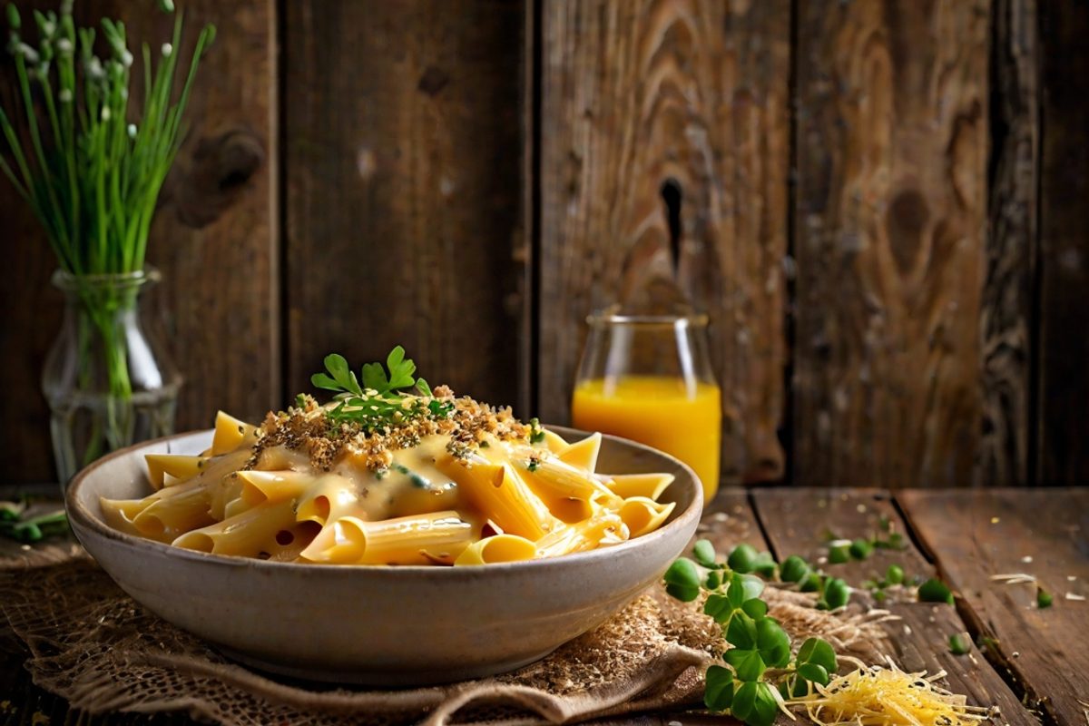 Teller mit cremigen Käsenudeln, goldgelbe Käsesoße mit geschmolzenem Cheddar, bestreut mit Pfeffer und Schnittlauch