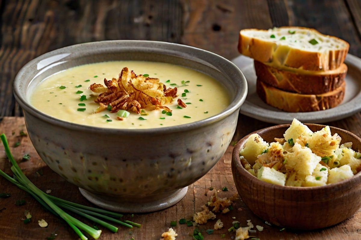 Cremige Käserahmsuppe mit Lauch in einem Suppenteller, bestreut mit Röstzwiebeln und frischem Schnittlauch