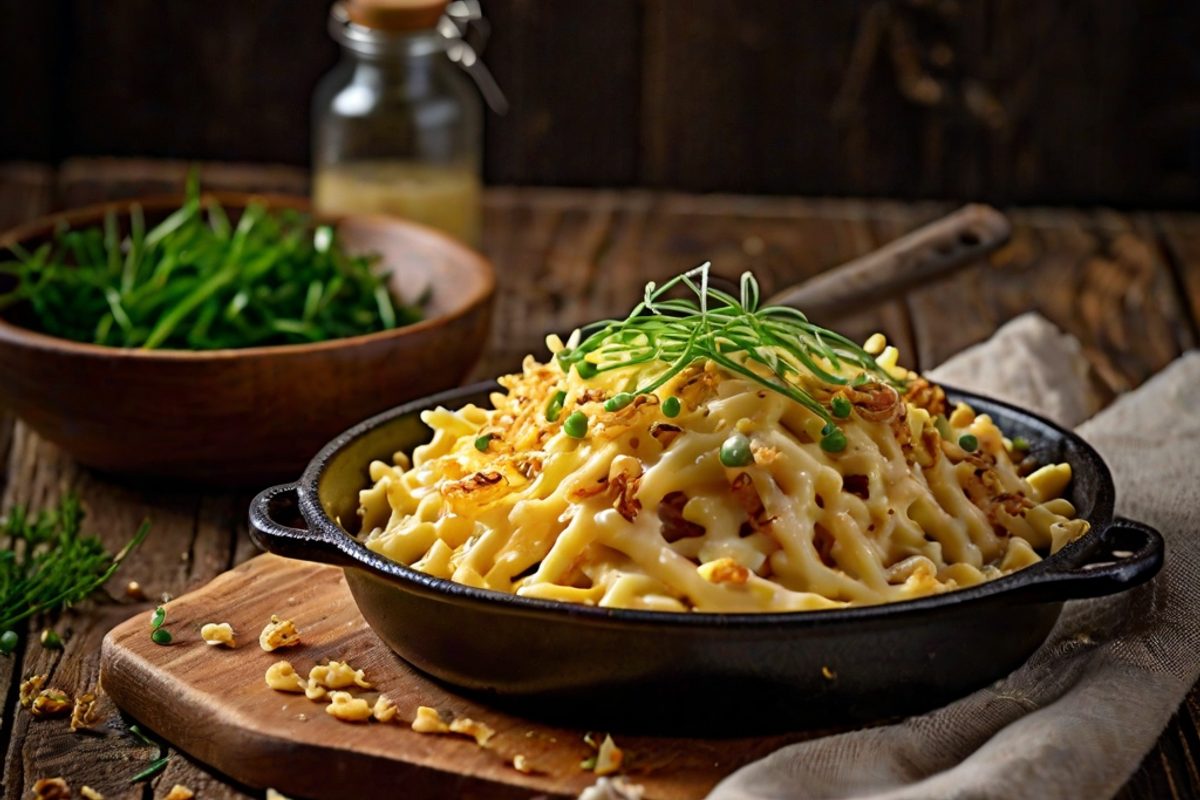 Cremige Käsespätzle mit geschmolzenem Bergkäse und knusprigen Röstzwiebeln in einer Pfanne