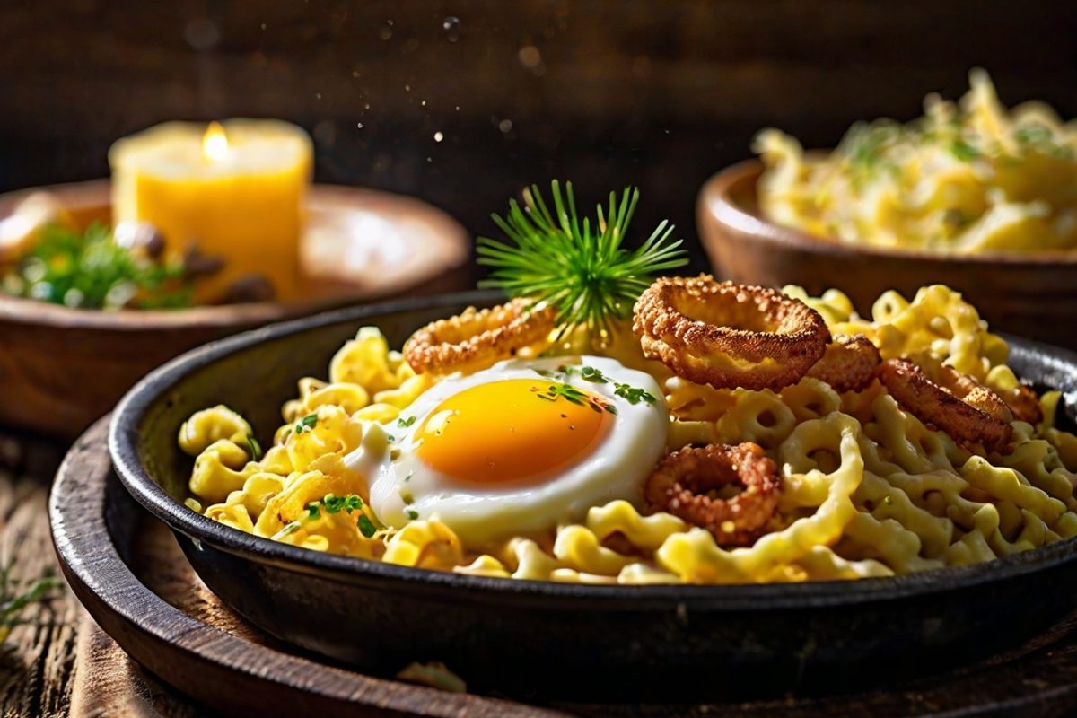 Dampfende Käsespätzle mit fadenziehendem Bergkäse und goldbraunen Röstzwiebeln in einer gusseisernen Pfanne