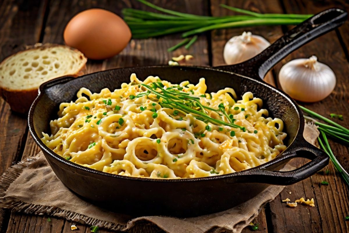 Goldgelbe cremige Käsespätzle in einer Pfanne mit geschmolzenem Emmentaler und knusprigen Röstzwiebeln