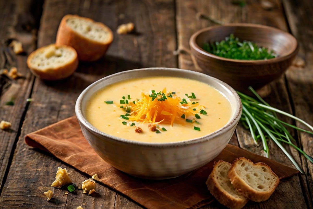 Cremige Käsesuppe mit Cheddar und Bier in einer weißen Schale, garniert mit Croûtons, Schnittlauch und geriebenem Käse