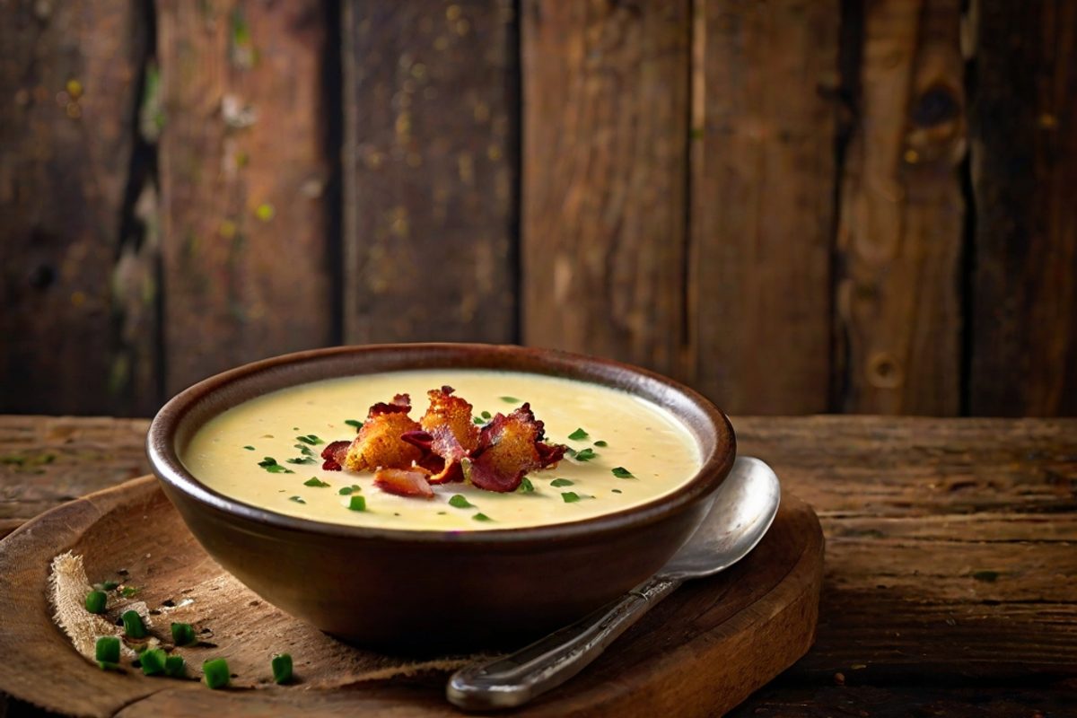 Cremige Käsesuppe mit Bier in einer dunklen Schale, garniert mit knusprigem Bacon, Schnittlauch und Croûtons