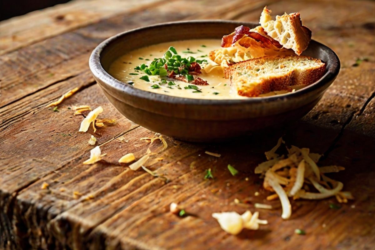 Tiefer Teller cremige Käsesuppe mit knusprigem Bacon, Röstzwiebeln und Schnittlauch, daneben geröstetes Brot