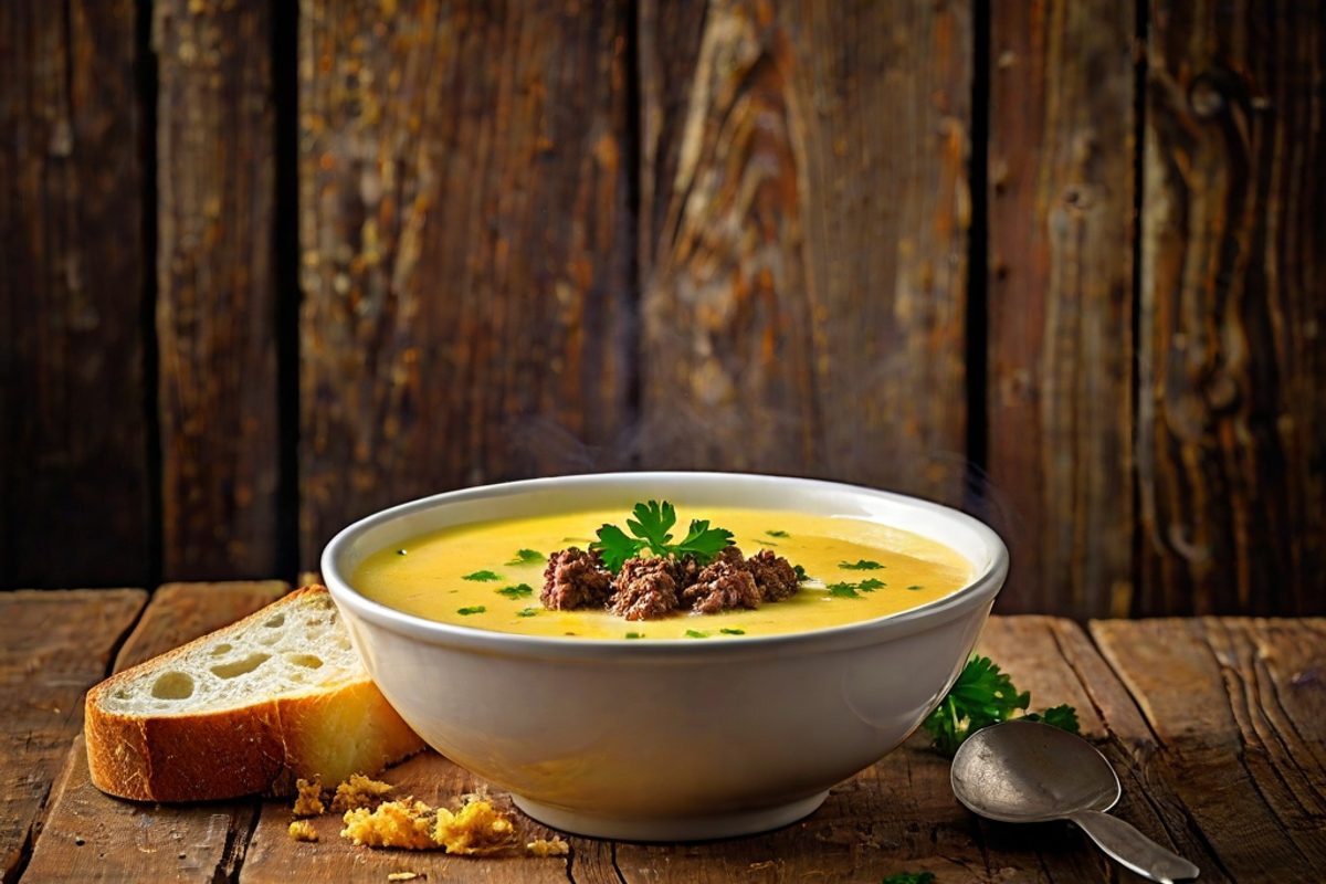 Cremige Käsesuppe mit Hackfleisch und Lauch in einer weißen Schüssel, garniert mit Petersilie und Croûtons