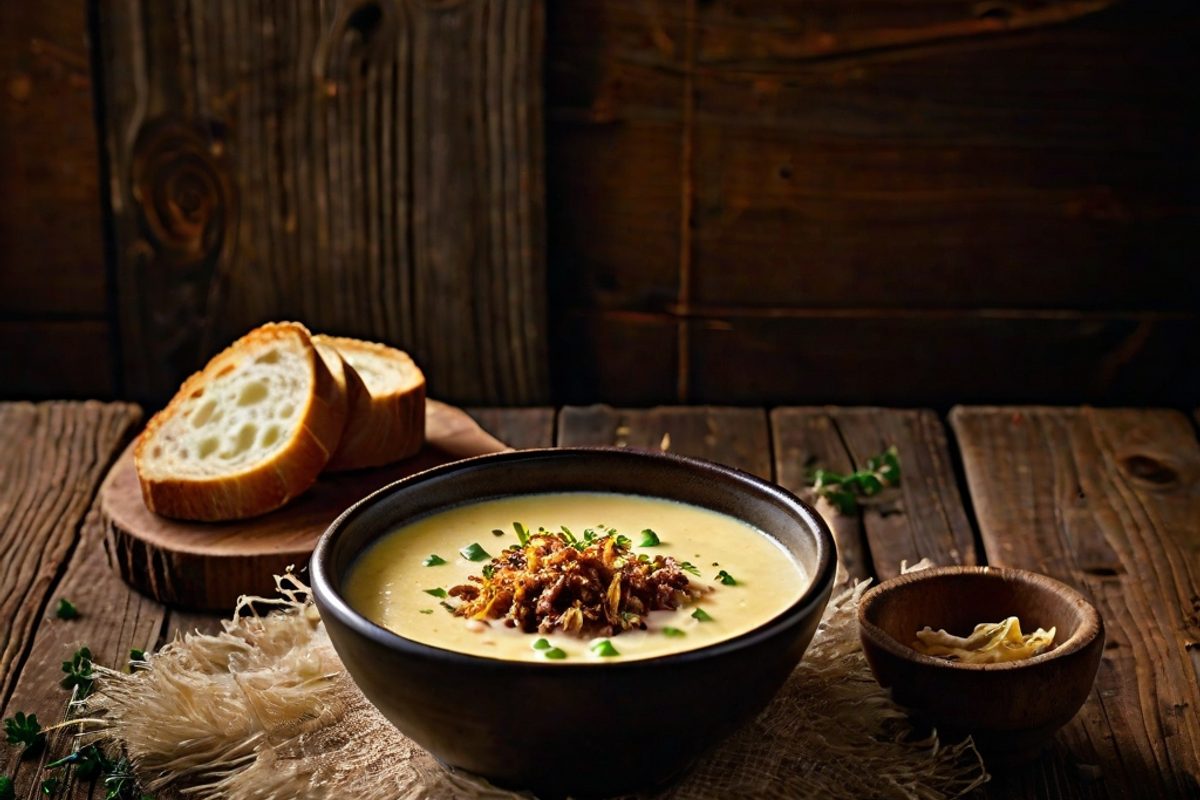 Cremige Käsesuppe mit Hackfleisch und Lauch in einer dunklen Schüssel, garniert mit Lauchringen und Röstzwiebeln