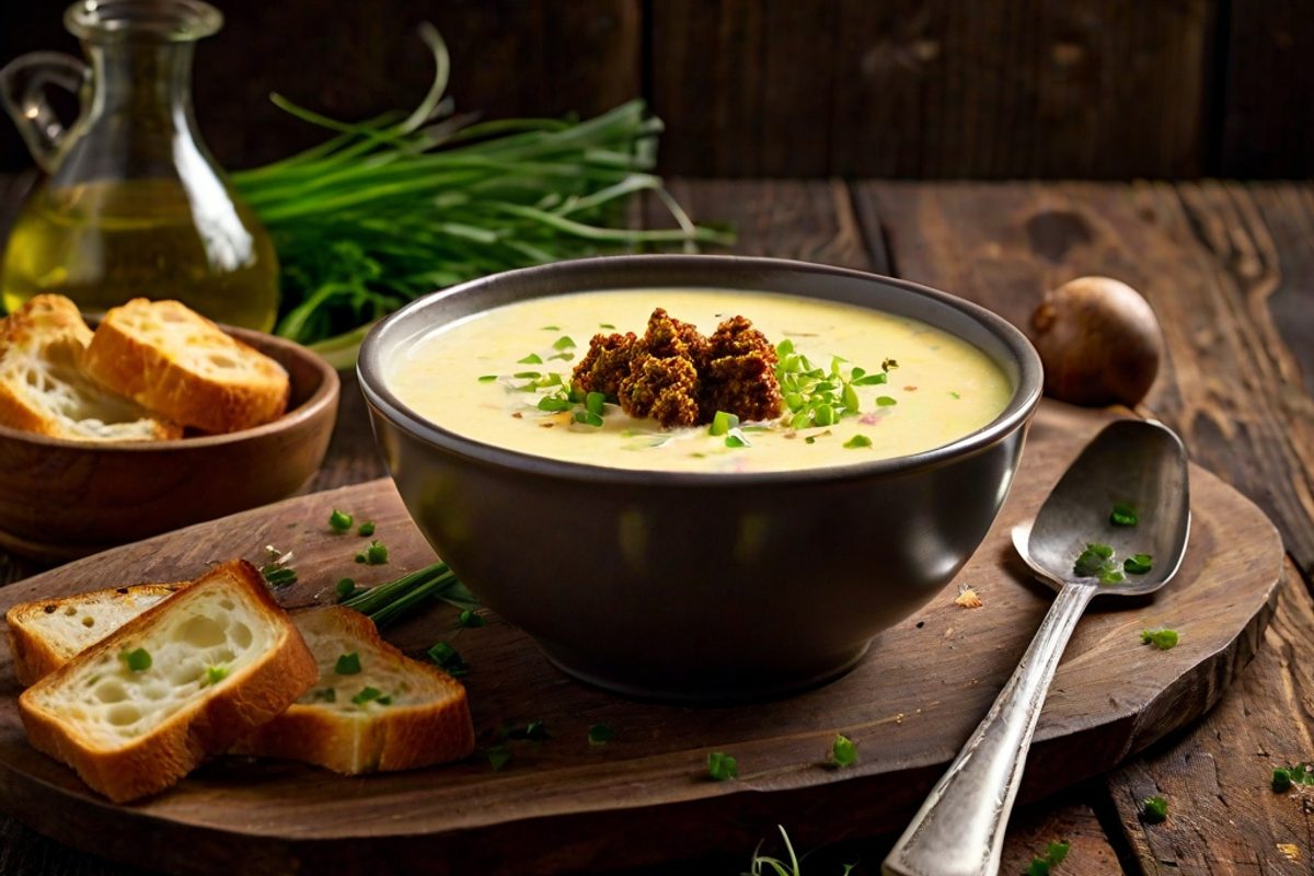 Teller cremige Käsesuppe mit Hackfleisch und Lauch, garniert mit Croûtons und Schnittlauch