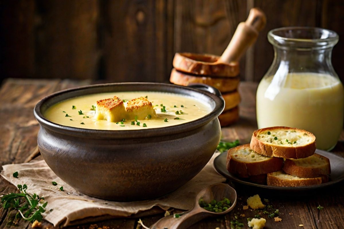Cremige Raclette-Käsesuppe in weißer Schale mit Croûtons, Lauchringen und Käsefäden