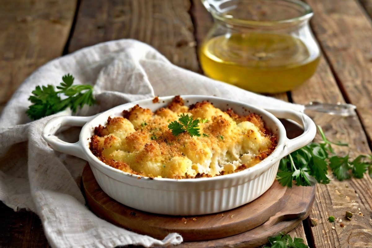 Cremiger Blumenkohl-Käse-Auflauf mit goldbrauner Cheddar-Kruste in einer weißen Auflaufform