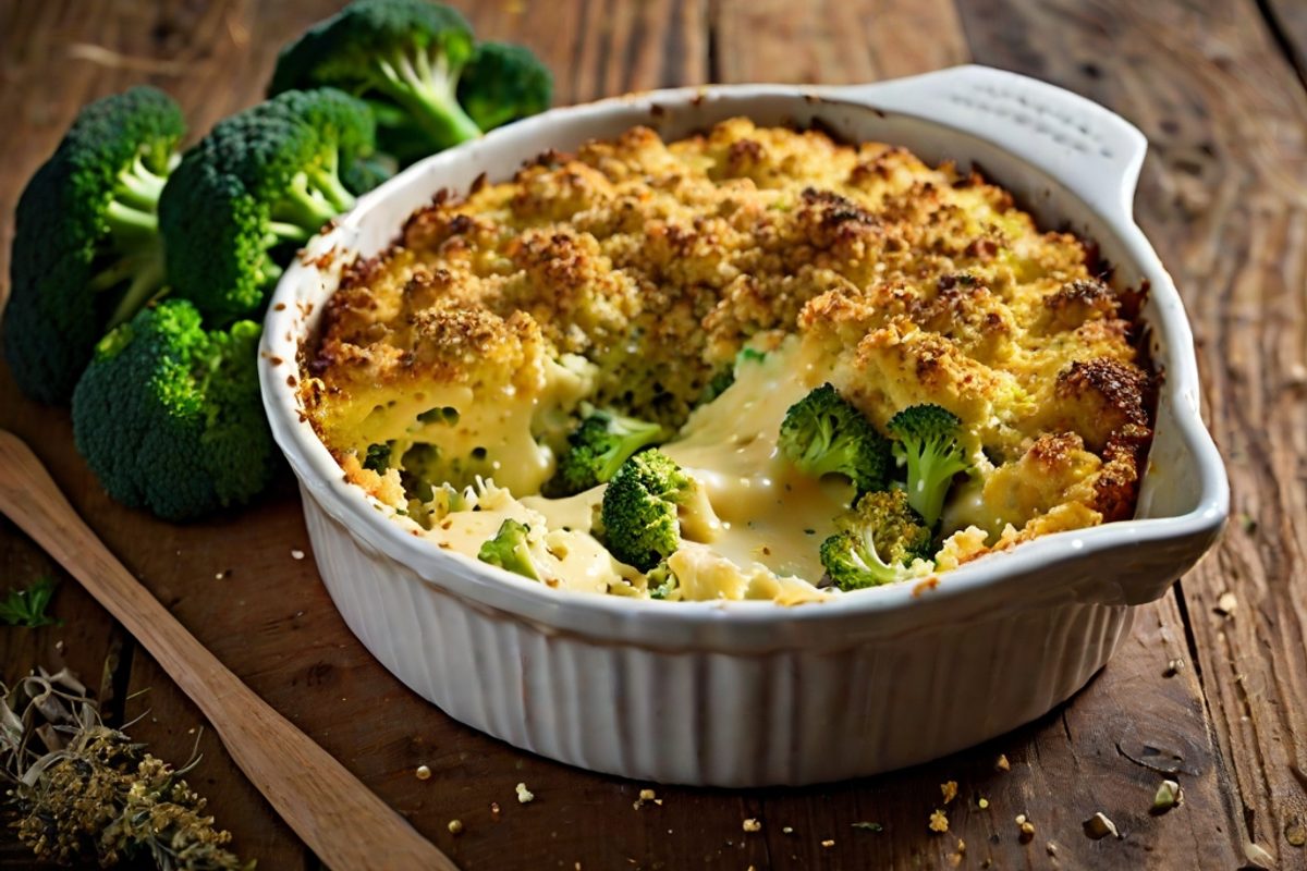Goldbraun überbackener Blumenkohl-Käse-Auflauf mit Brokkoli in einer Auflaufform, mit geschmolzenem Käse und knuspriger Oberfläche