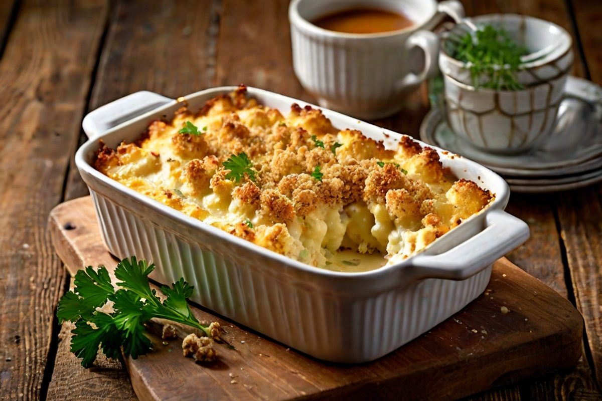 Goldbraun überbackener cremiger Blumenkohl-Käse-Auflauf in einer Auflaufform mit geschmolzenem Cheddar