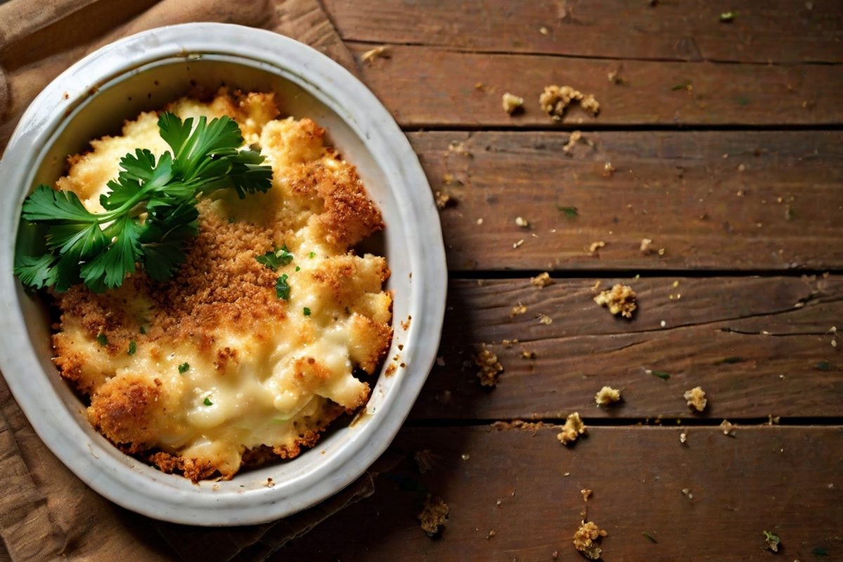 Goldbraun überbackener cremiger Blumenkohl-Käse-Gratin mit geschmolzenem Cheddar in einer Auflaufform