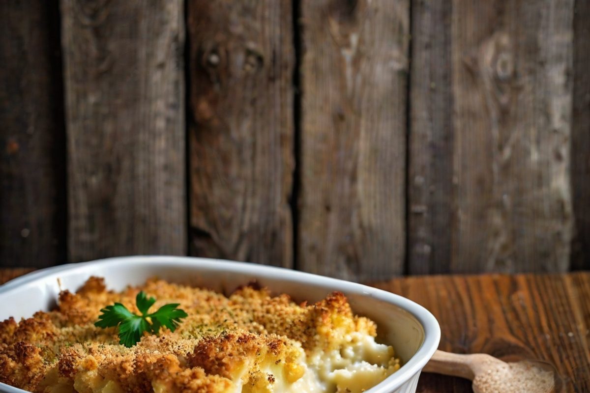 Goldbraun überbackener Blumenkohl-Käse-Gratin in einer Auflaufform mit cremiger Käsesoße und frischer Petersilie