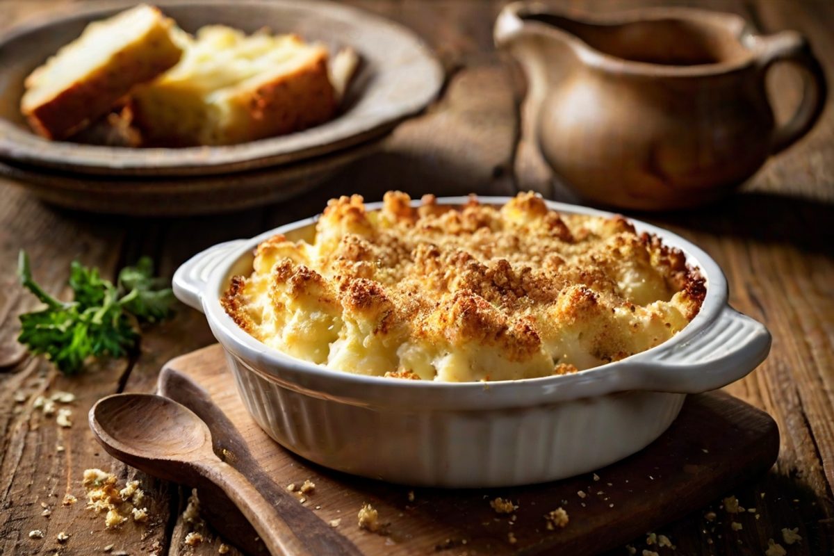 Goldbraun überbackener Blumenkohl-Käse-Gratin in einer Auflaufform mit cremiger Käsekruste