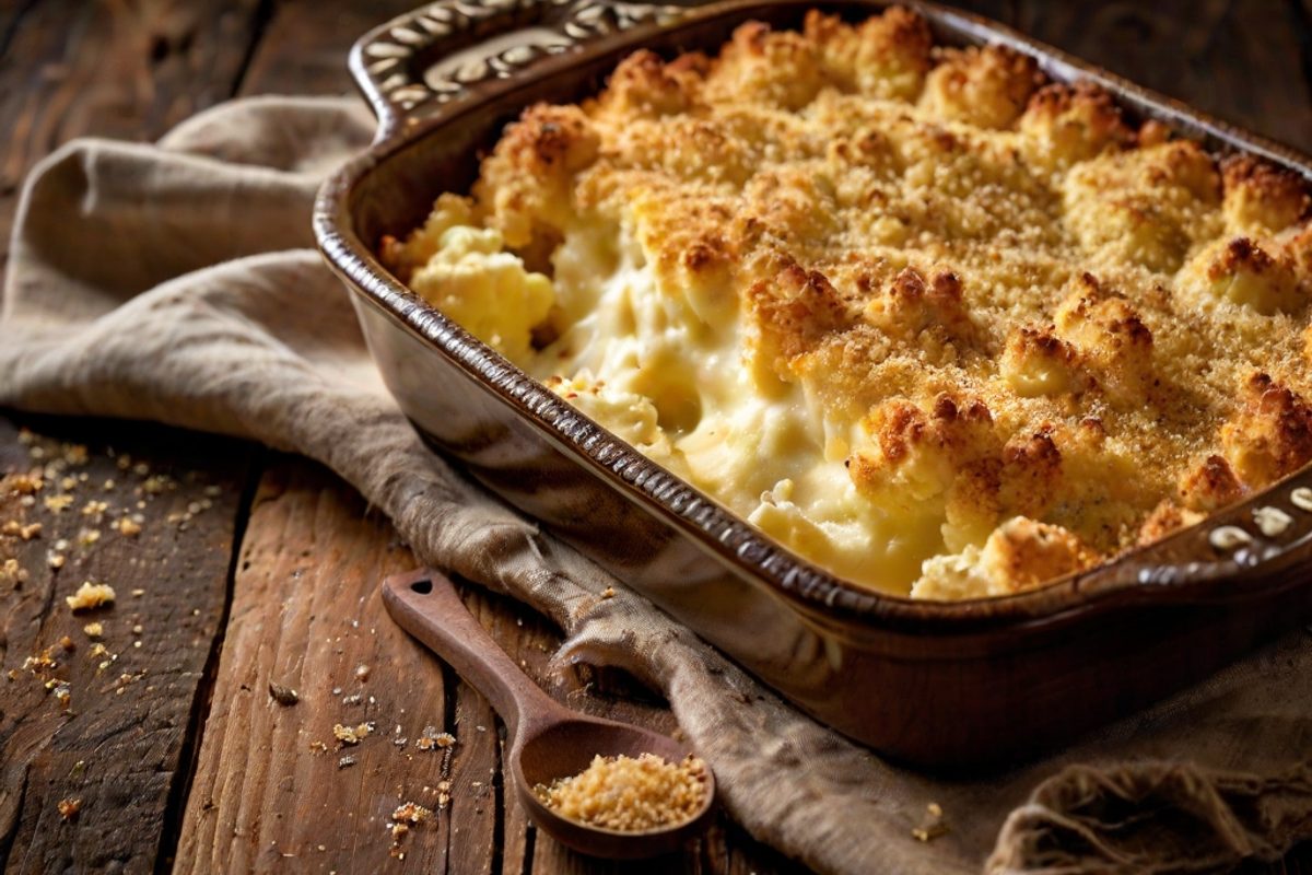 Cremiger Blumenkohl-Käse-Gratin mit goldbrauner Käsekruste in einer Auflaufform