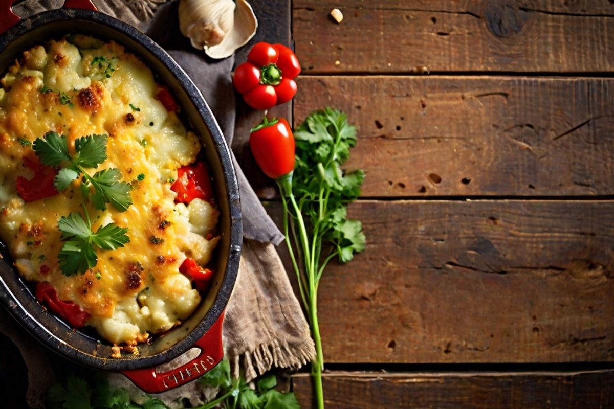 Goldbraun überbackener Gemüse-Käse-Auflauf mit Blumenkohl, Zucchini und Paprika in einer Keramik-Auflaufform