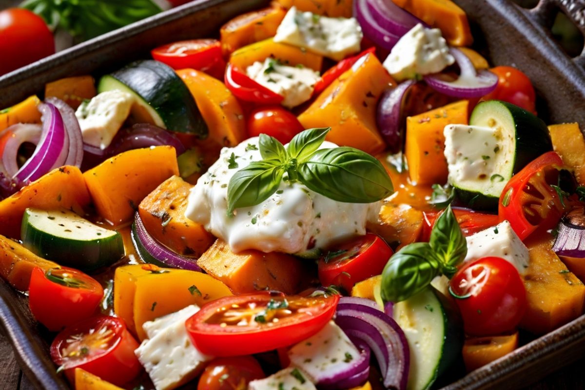 Buntes Ofengemüse mit Süßkartoffel, Paprika und geschmolzenem Ziegenkäse in einer Auflaufform
