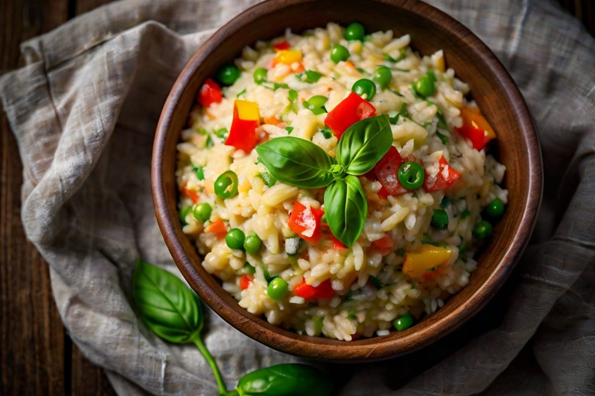 Cremiger Gemüse-Käse-Risotto mit Paprika, Erbsen, Zucchini und geriebenem Parmesan in einem tiefen Teller