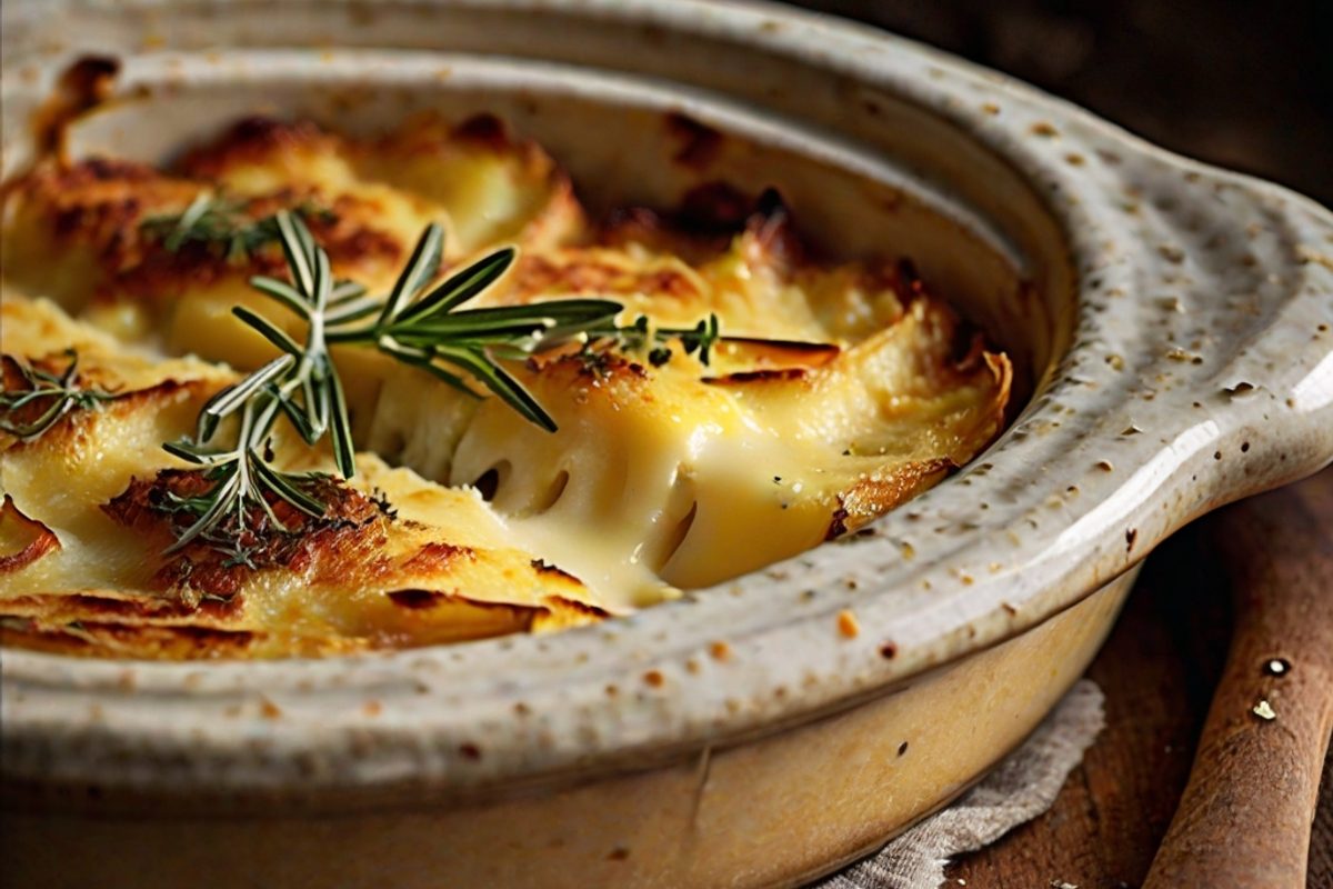 Goldbraun überbackener cremiger Käse-Kartoffel-Gratin in einer Auflaufform mit geschmolzenem Käse und frischem Thymian