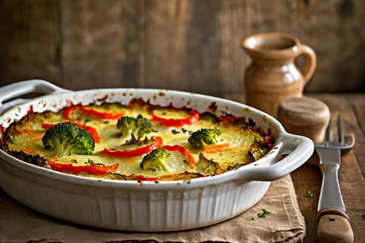 Goldbraun überbackenes Gemüse-Käse-Gratin mit Zucchini, Paprika und Karotten in einer Auflaufform